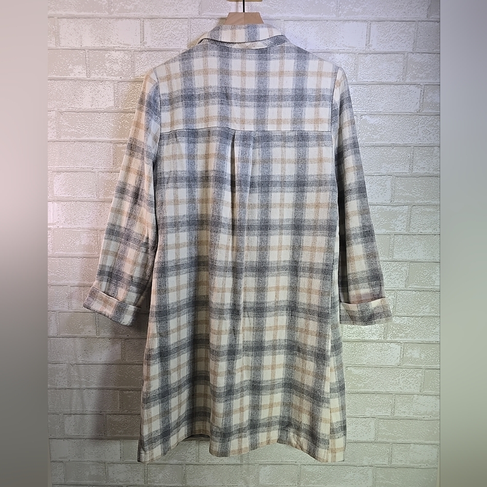 Camellia Open Front Gray Plaid Fleece Overcoat Lightweight Jacket Size L - Picture 4 of 5